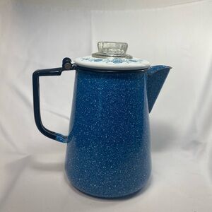 Vintage Enamelware Coffee Pot Tea Floral Farmhouse MCM  Blue White Graniteware